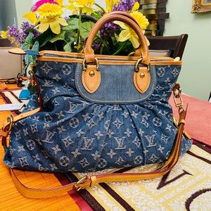 Authentic Louis Vuitton monogram denim Neo cabby Mm 2 way Handbag blue